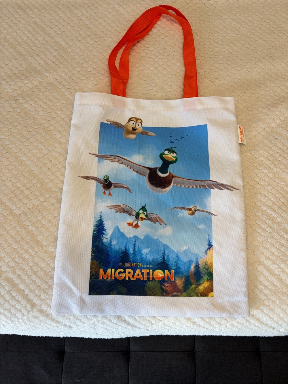 Kids' Migration Movie Printed Tote Bag in White with Orange Handles